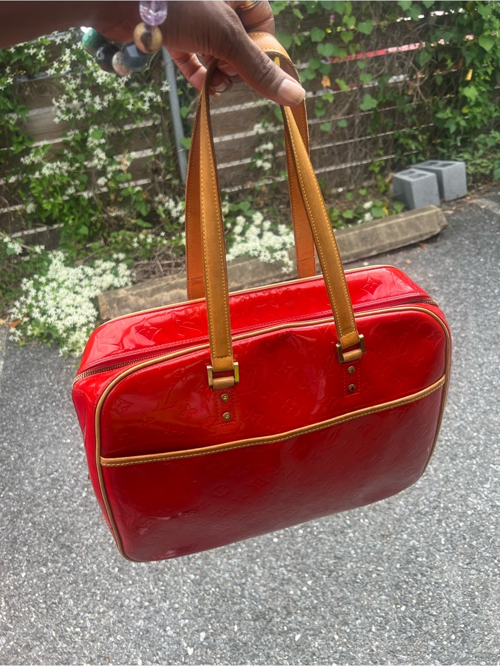 Authentic Louis Vuitton Red Patent Shoulder Bag with Leather Handles